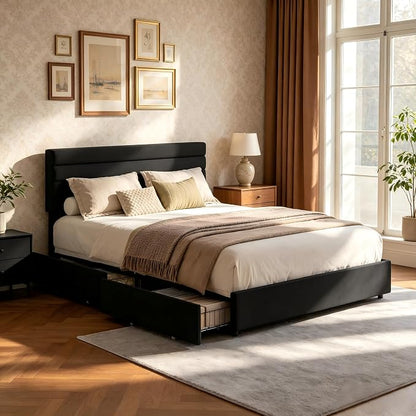 Garvee Full Size Bed Frame, Velvet Upholstered Platform Storage Bed with 4 Drawers, Wooden Slats Support, No Box Spring Needed, Easy Assembly, Black
