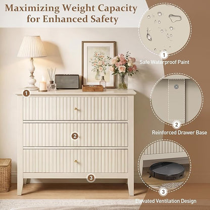 RoyalCraft 32" Large Nightstand Set of 2, Fluted Painted Bedside Table with 3 Spacious Drawers, Modern Tall End Table for Bedroom, Beige
