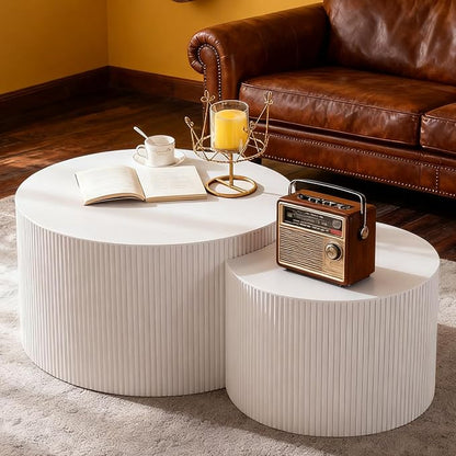 Round Nesting Coffee Table Set of 2 Modern Cream Fluted Coffee Table Small Round End Table Crescent Side Table Circular Coffee Tables Nested Coffee Tables for Living Room (Cream Large)