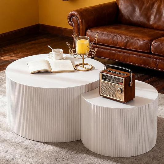 Round Nesting Coffee Table Set of 2 Modern Cream Fluted Coffee Table Small Round End Table Crescent Side Table Circular Coffee Tables Nested Coffee Tables for Living Room (Cream Large)