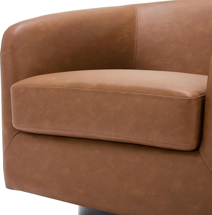 360° Swivel Barrel Accent Chair Armchair, PU Leather Round Club Arm Chair for Lving Room, Modern Upholstered Small Bedroom Single Sofa Seat - Brown, Set of 1