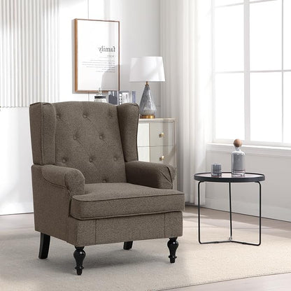 Accent Chair Set of 2, Mid Century Modern Fabric Wingback Chair, Upholstered Armchair with High Back and Vintage Legs, Comfy Single Sofa Side Reading Chair for Living Room Bedroom, Brown