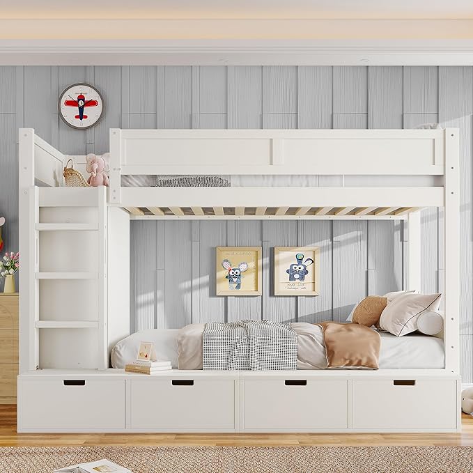 Bellemave Twin Over Twin Bunk Bed with Storage Drawers,Solid Wood Bunk Bed with Built-in Wardrobe,Storage Shelf and Safety Guardrails for Kids Girls Boys,Ivory