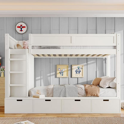 Bellemave Twin Over Twin Bunk Bed with Storage Drawers,Solid Wood Bunk Bed with Built-in Wardrobe,Storage Shelf and Safety Guardrails for Kids Girls Boys,Ivory