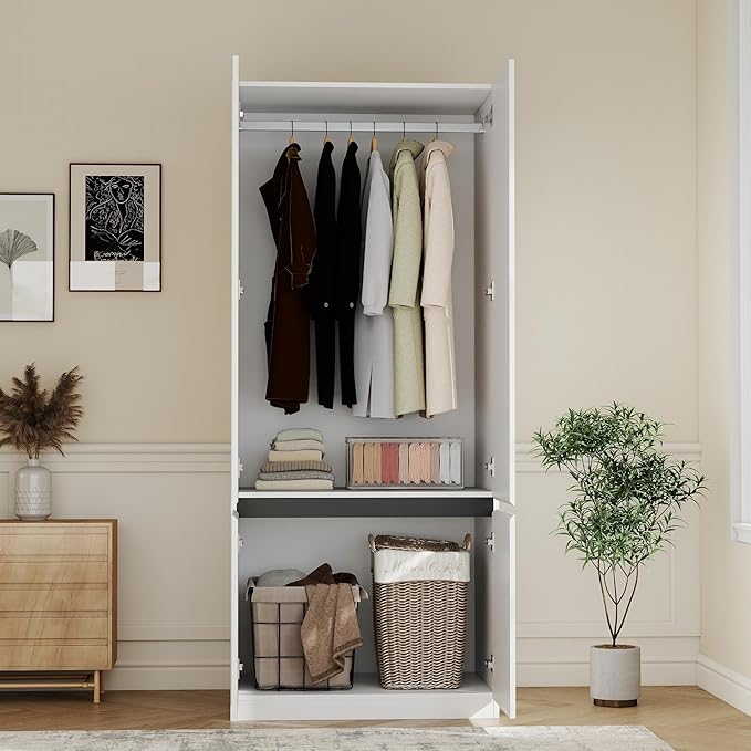 White Armoire Wardrobe Closet: 75" Large Wardrobe Closet with 2 Doors, Modern Bedroom Armoires with Storage Cabinet, Tall Wood Closets for Hanging Clothes