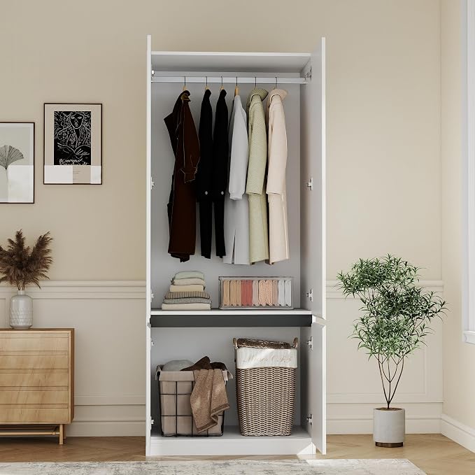 White Armoire Wardrobe Closet: 75" Large Wardrobe Closet with 6 Doors, Modern Bedroom Armoires with Storage Cabinet, Tall Wood Closets for Hanging Clothes