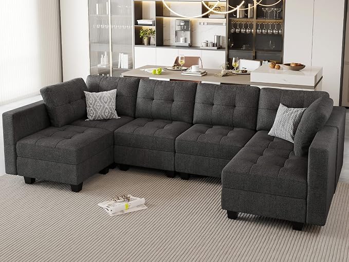 Belffin Modular U Shaped Sectional Sofa Couch with Reversible Chaises 6-seat Sectional Couch with Storage Seat Modular Sectional Set with Ottomans Dark Grey