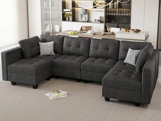 Belffin Modular U Shaped Sectional Sofa Couch with Reversible Chaises 6-seat Sectional Couch with Storage Seat Modular Sectional Set with Ottomans Dark Grey
