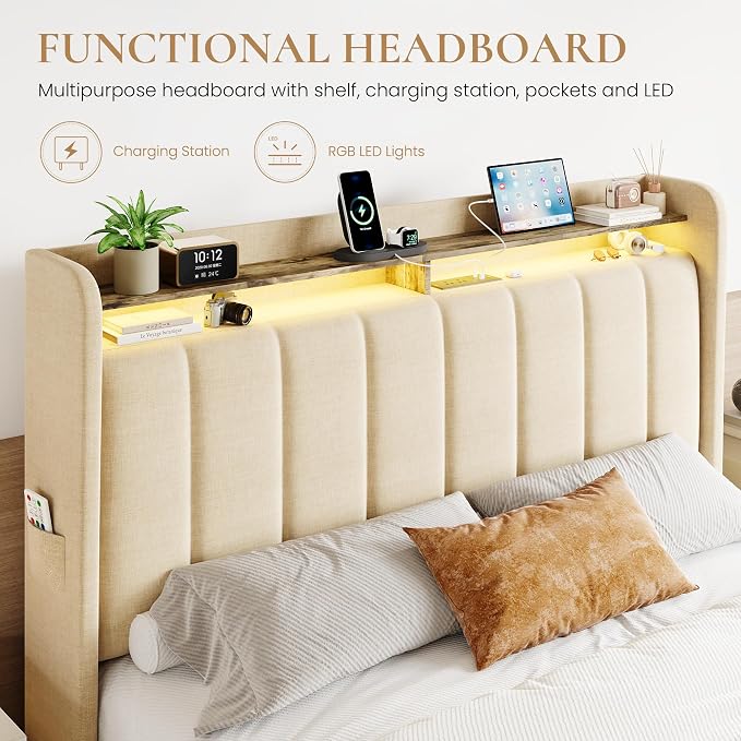 SHA CERLIN Queen Platform Bed Frame with Vertical Channel Tufted Wingback Headboard & 2 Storage Drawers/2-Tier Shelves with LED Lights & Charging Station/Noise-Free/No Box Spring Needed/Beige