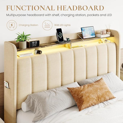 SHA CERLIN Queen Platform Bed Frame with Vertical Channel Tufted Wingback Headboard & 2 Storage Drawers/2-Tier Shelves with LED Lights & Charging Station/Noise-Free/No Box Spring Needed/Beige