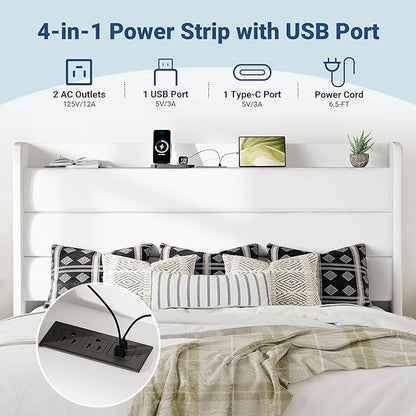 Allewie King Size Upholstered Bed Frame with Charging Station & Storage Headboard, Soft Velvet Wingback Platform Bed, Strong Wooden Slats Support, No Box Spring Needed, Easy Assembly, White