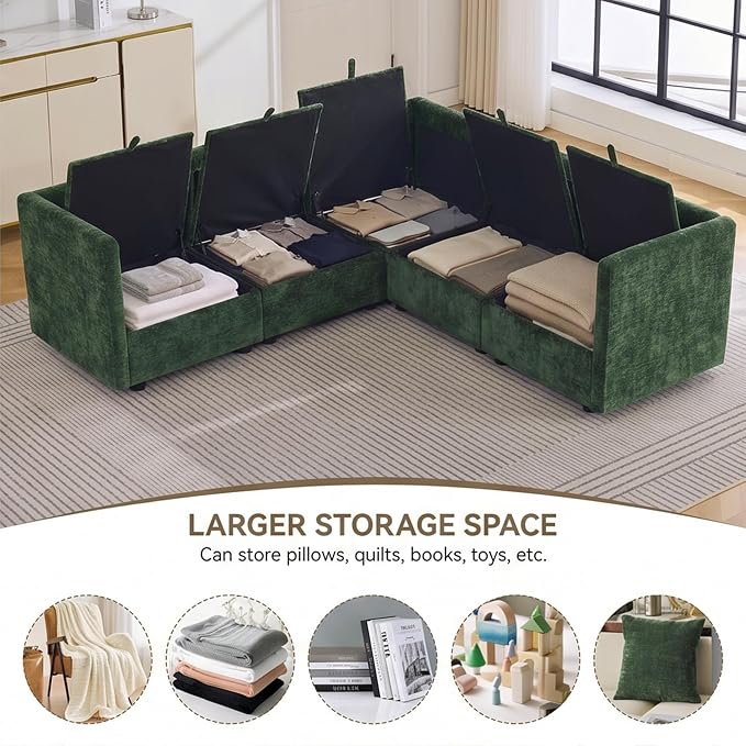 80" Green Modular Storage Sofa, V Shaped Chenille Cloud Couch with Armrest | Oversized Convertible Sectional Sofa, 5-Seat Sectional Couch With Armrests, Large Cloud Couch For Living Room, Apartment.
