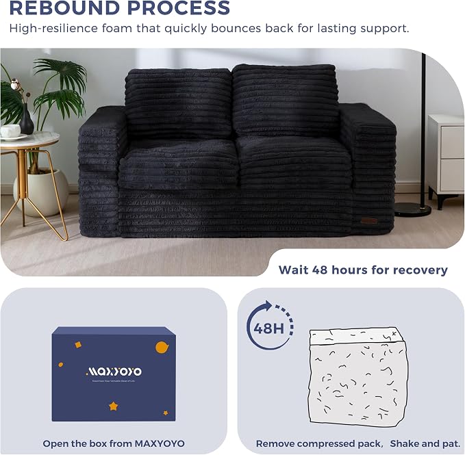 MAXYOYO Boneless Loveseat Sofa Couch for Adults, Floor Bean Bag Couch Sofa | Faux Fur Sofa with Armrests and Back Support, Plush Foam Filled Lounge Couch, Cozy Bean Bag Couch for Living Room, Apartment