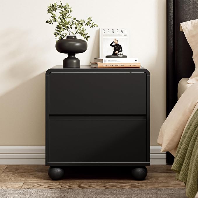 Furniway Black Nightstand Set of 2, Modern 2 Drawer Bedside Table with Curved Profile Design and Handle-Free Drawers, Modern End Table with Storage for Bedroom