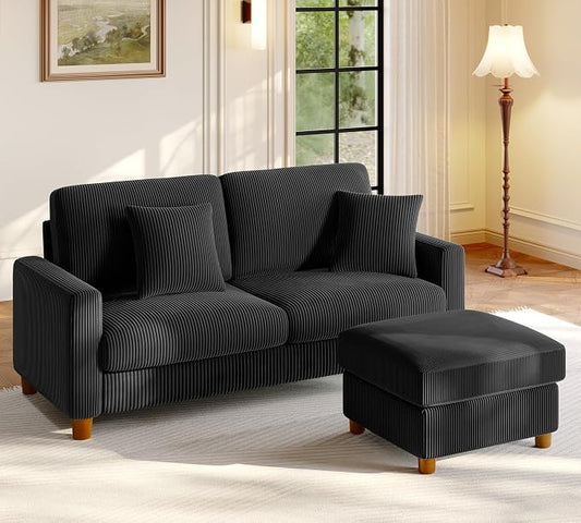 Welzona 70.2" Couches for Living Room, Comfy L Shaped Couch Black 7.1" Thicker Cushion, Sofas for Living Room Tool-Free Setup, Loveseat with Ottoman 705lbs Support, Corduroy Couch for Bedroom, Office