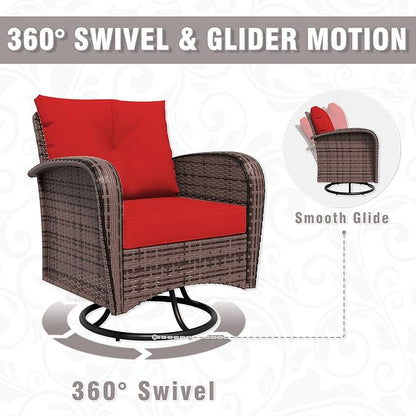 3 Piec Patio Bistro Set with 2 Rocking Chairs & Table, 360° Swivel PE Wicker Outdoor Furniture, Heavy-Duty Steel Frame,Weatherproof Cushions, Red
