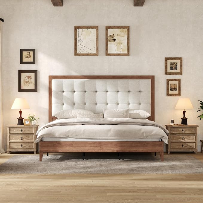 AMERLIFE Queen Bed Frame with Headboard, Solid Wooden Bed Frame Queen Size Platform Bed Mid-Century Style, No Box Spring Required, Walnut