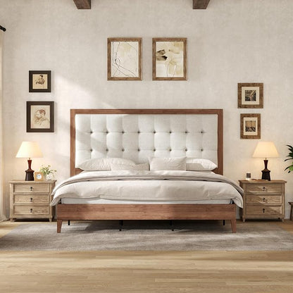 AMERLIFE King Size Bed Frame and Headboard, Solid Wooden Bed Frame King Size Platform Bed Frame Mid-Century Style, No Box Spring Required, Walnut