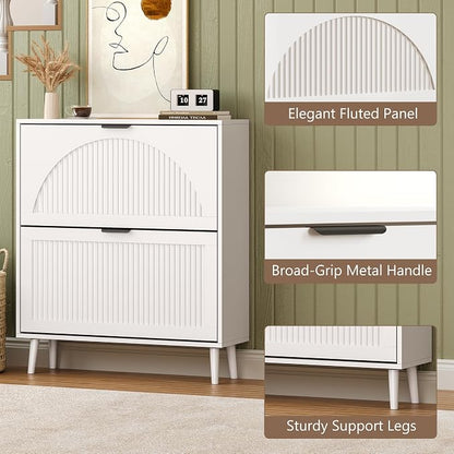BORNOON Shoe Cabinet for Entryway with 2 Flip Drawers, Slim Wooden Shoe Storage Organizer with Modern Fluted Pannel，Freestanding Narrow Hidden Shoe Rack for Hallway, Foyer, Living Room