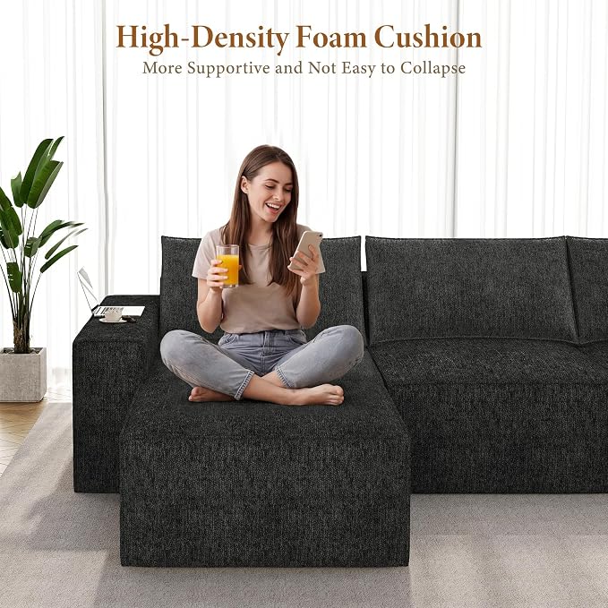 Vesgantti 145.6" Modular Boneless Couch, Modern U Shaped 6 Seater Sectional Sofa with 2 Ottoman & Deep Seat, Convertible Chenille Cloud Couches for Living Room, No Assembly Required, Black