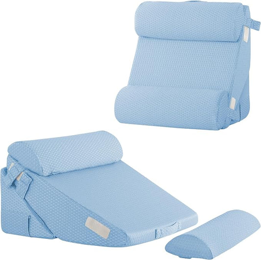 Adjustable 4pcs Bed Wedge Pillow Set, Memory Foam Wedges Pillow Post Surgery for Back, Neck, Leg Pain Relief, Pillows Wedge for Sleeping, Sitting up in Bed, Acid Reflux and GERD, Light Blue