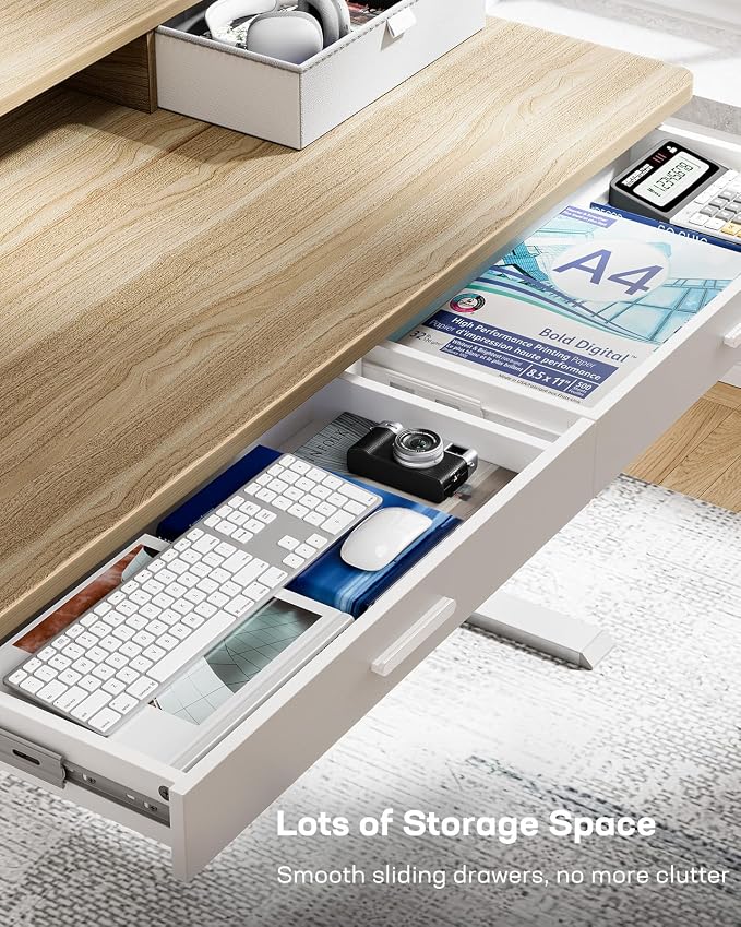 HUANUO 55 x 30 inch Electric Standing Desk with 2 Wood Drawers, Adjustable Height Sit Stand Desk for Home Office, Ergonomic Stand up Desk with 4 Memory Presets, 176 lbs Capacity, Natural Top