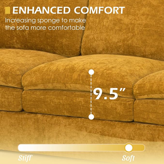 89” Chenille Sofa w/Arm Pillows, Upholstered 3-Seater Sofa w/Comfortable Back Cushions, Modern 3 Seats Couch w/High-Density Foam for Living Room, Apartment, Office, Yellow