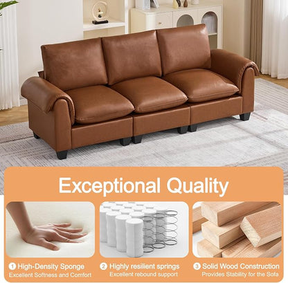 96" Faux Leather Modular Sectional Upholstered Sofa, Oversized 3 Seater Couch with Curved Armrests, Cloud Modern Upholstered Deep Seat Sofa for Living Room, Brown
