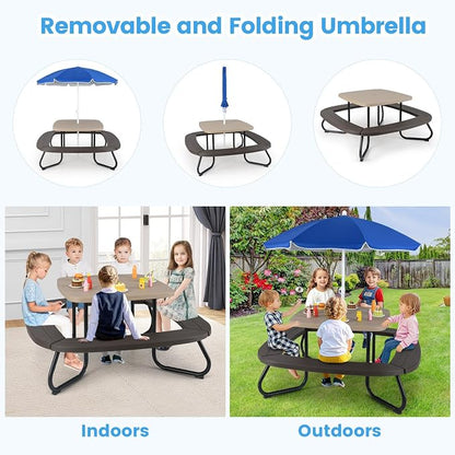 KOTEK 8-Person Kids Picnic Table, Toddler Activity Table with Removable Umbrella, 4 Built-in Benches, HDPE Top & Metal Frame, Kids Outdoor Table for Patio Garden Backyard (White+Blue)