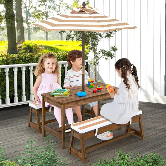Costzon Kids Picnic Table, Toddler Wood Table & Chair Set w/Cushions, Height Adjustable Umbrella, Children Activity Table Outdoor Furniture Set for Patio, Garden, Backyard, Gift for Ages 3-8 (Coffee)