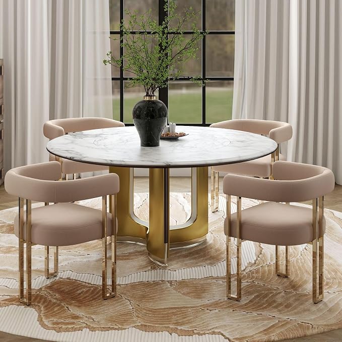 Hyfirm Velvet Dining Chairs Set of 4, Khaki Upholstered Barrel Armchairs with Gold Metal Legs for Kitchen Island, Mid Century Modern Accent Side Chairs for Dining Room and Living Room, Open-Back