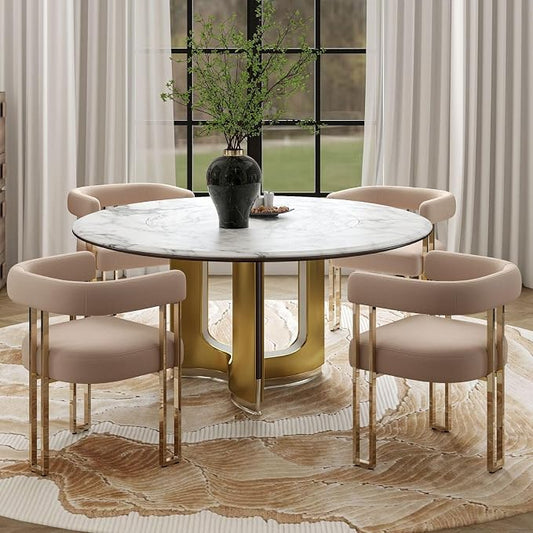 Hyfirm Velvet Dining Chairs Set of 4, Khaki Upholstered Barrel Armchairs with Gold Metal Legs for Kitchen Island, Mid Century Modern Accent Side Chairs for Dining Room and Living Room, Open-Back