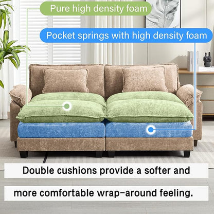 Oprisen 86" Modular Sectional Sofa, Comfy Cloud Couch Sectional Sofa with Ottomans, Chenille Sofa Sleeper Deep Seat Sofa with Throw Pillows for Living Room (Khaki)