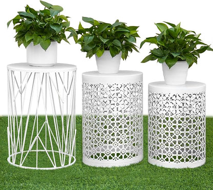 HFHOME Set of 3 Heavy-Duty Round End Table, Side Table, Coffee Table for Indoor Multifunctional Use, Outdoor Decorative Garden Stool Plant Stand-White