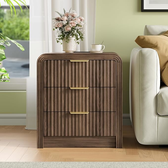 Decofy Fluted Nightstand with Charging Station, Modern Bedroom Side Table with Gold Handles, Curved Profile Design, End Table Wood Organizer for Bedroom, 19.7" & 3 Drawers (1 Pack, Walnut)