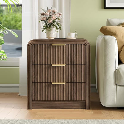 Decofy Fluted Nightstand with Charging Station, Modern Bedroom Side Table with Gold Handles, Curved Profile Design, End Table Wood Organizer for Bedroom, 19.7" & 3 Drawers (1 Pack, Walnut)