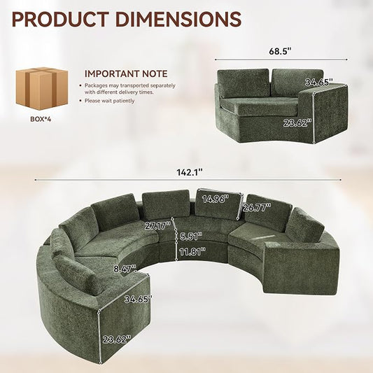 WUTUTUEE 142'' Curved Round Boneless Couch, Oversized Half Moon Sofa with Deep Seat & Arms, Chenille Modular Sectional Sofa with Pillows, Upholstered Comfy 8 Seat Couch for Living Room, Green