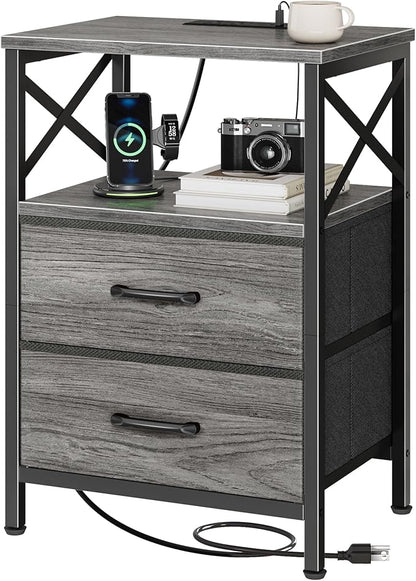 Huuger Night Stand with Charger Station, 2 Drawer Nightstand with Open Shelf, Bed Side Table with USB-C Port, End Table, Compact Size for Small Spaces, X Shaped Side Rail, Grey