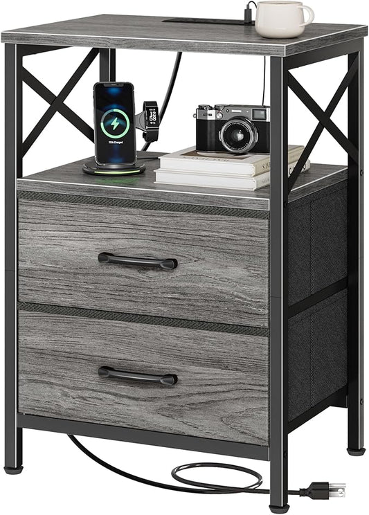 Huuger Night Stand with Charger Station, 2 Drawer Nightstand with Open Shelf, Bed Side Table with USB-C Port, End Table, Compact Size for Small Spaces, X Shaped Side Rail, Grey
