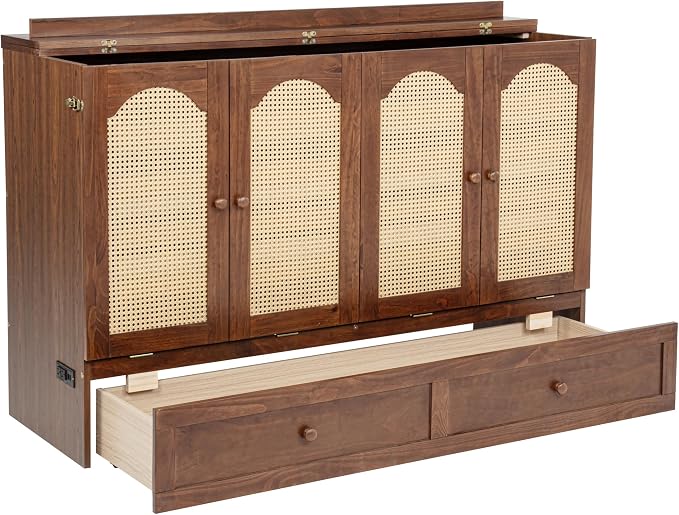 PVWIIK Queen Size Murphy Bed Cabinet with Power Station & Large Drawer for Bedroom,Pine Wood Folding Chest Bed with Rattan Panel, Space-Saving Wall Bed, Walnut