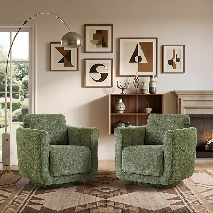 Swivel Accent Chairs Set of 2, Fully Assembled Barrel Chairs, Accent Chairs with Solid Wood Frame & Ergonomic Cushion, 360° Chenille Armchairs for Living Room & Bedroom, Forest Green