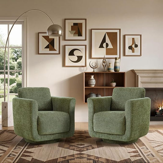 Swivel Accent Chairs Set of 2, Fully Assembled Barrel Chairs, Accent Chairs with Solid Wood Frame & Ergonomic Cushion, 360° Chenille Armchairs for Living Room & Bedroom, Forest Green