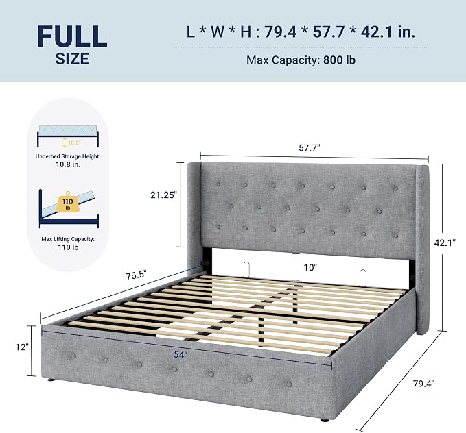 Allewie Full Size Lift Up Storage Bed, Button Tufted Headboard with Wingback, Hydraulic Support, No Box Spring Needed, Light Grey