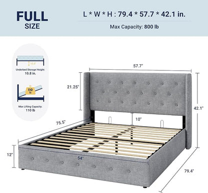 Allewie Full Size Lift Up Storage Bed, Button Tufted Headboard with Wingback, Hydraulic Support, No Box Spring Needed, Light Grey