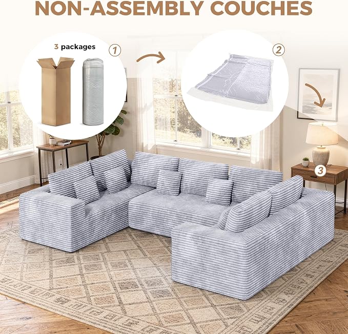 Luxanimarion 136'' Large Sectional Cloud Couches with Chaise, U Shaped Boneless Loveseat Sofa, No Assembly Required Deep Seat Modular Lounge for Living Room 3PCS Set, Bedroom(Light Grey)