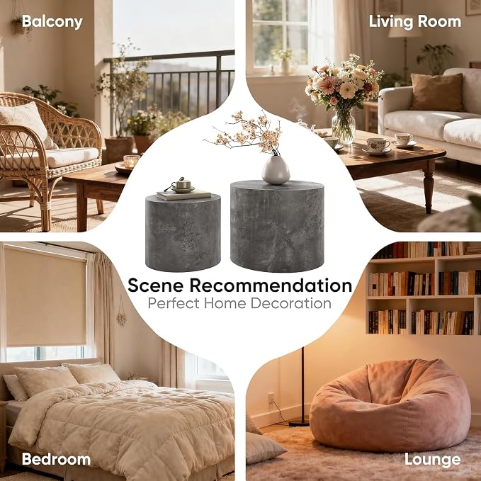 Nesting Round Coffee Table Set of 2, Accent End Table for Small Spaces, Morden Drum Side Table, Wooden Circle Center Table for Living Room, Fully Assembled - Gray