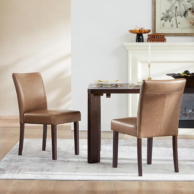 Watson & Whitely Modern Upholstered Dining Chairs, Faux Leather, Brown | Solid Wood Legs, Padded Seat, Low Back, Armless Kitchen Chairs for Dining Room, Restaurant, Set of 2