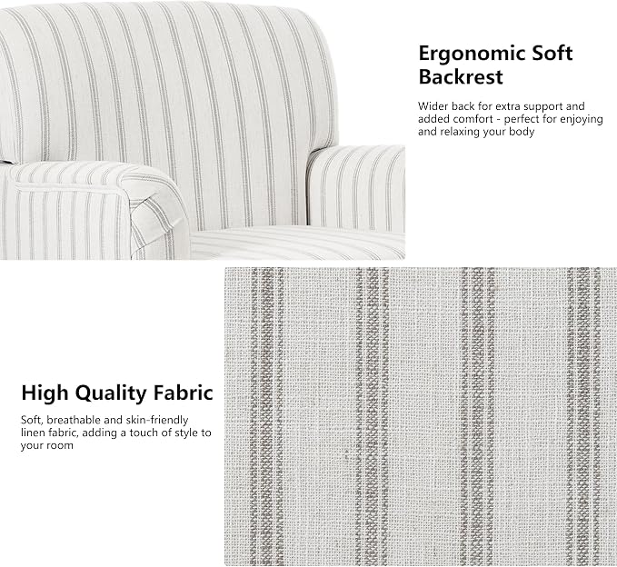Accent Chair, Mid Century Modern Comfy Armchair for Living Room, Linen Fabric Single Sofa Lounge for Reading Bedroom Apartment Waiting Room with Wood Legs (Pinstripe Grey, Set of 1)