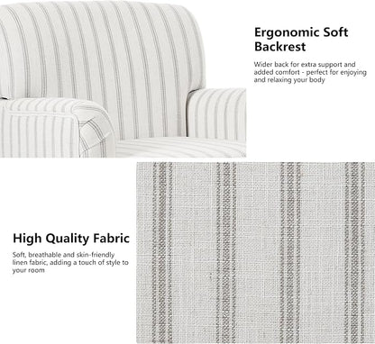 Accent Chair, Mid Century Modern Comfy Armchair for Living Room, Linen Fabric Single Sofa Lounge for Reading Bedroom Apartment Waiting Room with Wood Legs (Pinstripe Grey, Set of 1)