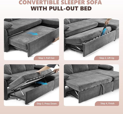 VINGLI Sectional Sleeper Sofa with Pull Out Couch Bed, 85 Inch L-Shaped Convertible Sofa Bed, 5 Seat Modular Sectional Couches for Living Room with Storage Chaise, USB Charging, Side Pockets